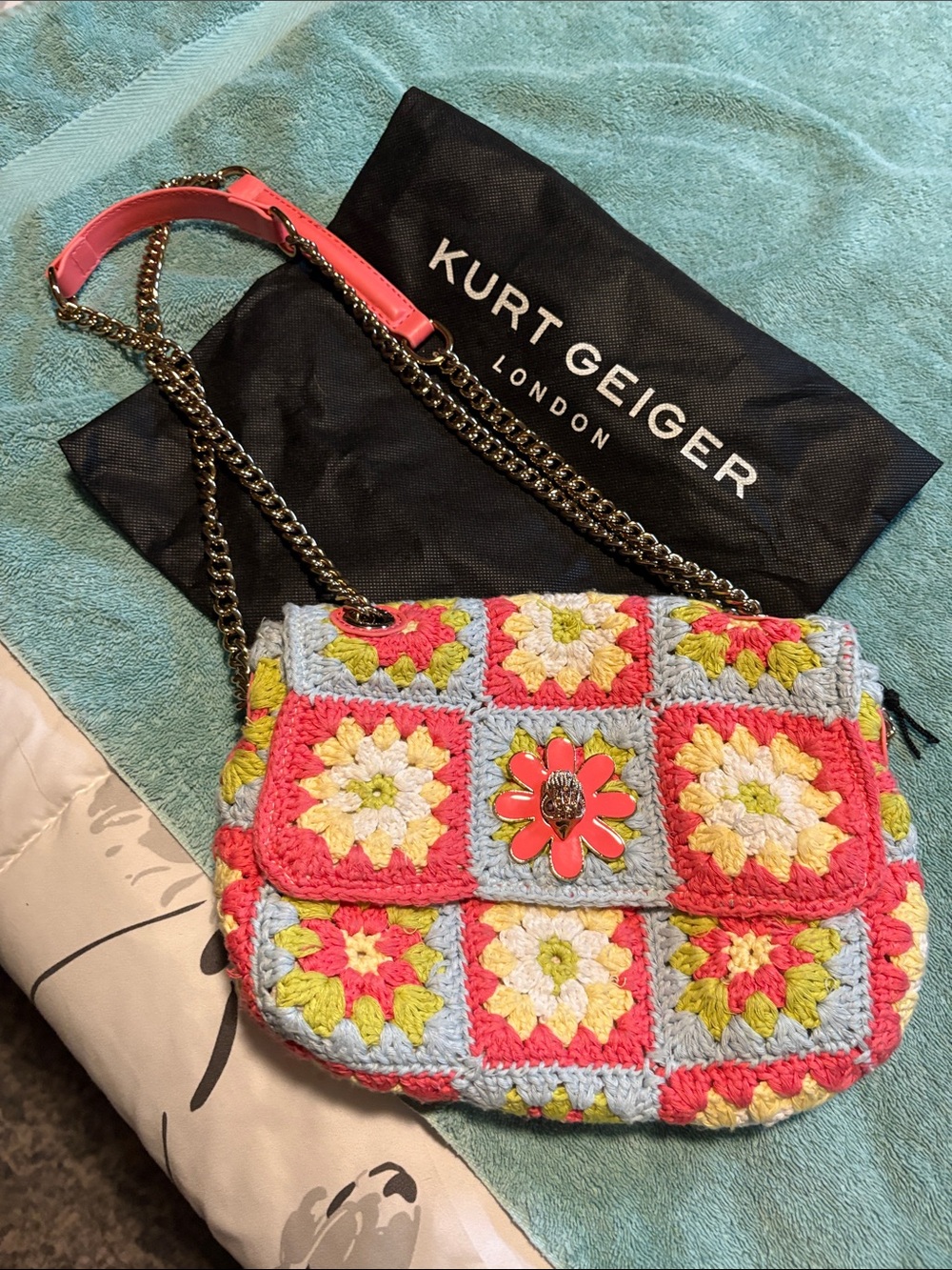 Kurt Geiger Pink Multicolor Crochet Flower Crossbody Bag